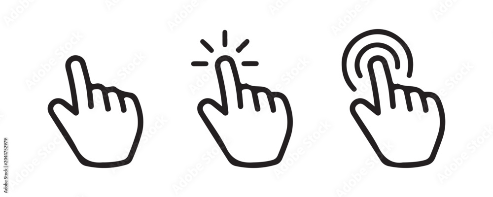 Obraz premium Pointer hand icons for website navigation showcasing finger click gesture in three different styles.