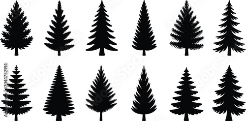 Pine Tree Silhouette Collection, Evergreen Forest Tree Set, Nature Vector Icons, Conifer Tree Bundle, Pine Forest Silhouettes, Woodland Nature Vector Collection.