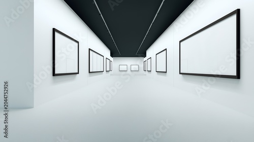 Minimalist white art gallery interior, clean sterile empty corridor, blank framed canvases and posters on both walls, elevated track lighting, spacious building with simple lines, bright and pure mode