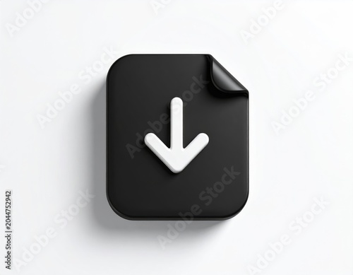 3D icon of a dark document with a white down arrow, signifying download