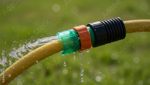 Φωτογραφία A close-up view of a yellow garden hose connector leaking water while spraying onto the lawn