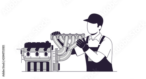 Bild auf Leinwand Mechanic installing engine manifold in car engine repair workshop