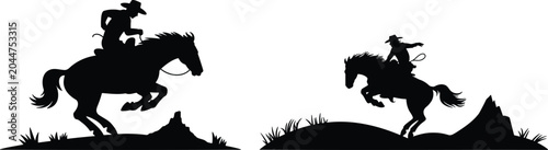 Cowboy Riding Horse Silhouette, Western Ranch Scene, Equestrian Vector Design, Horse Rider Silhouettes, Wild West Cowboy Collection, Ranch Lifestyle Vector.
