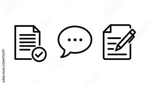 Documentation feedback and writing process icons with document feedback contract signature checkbox agreement communication administration clerical confirmation approval correction