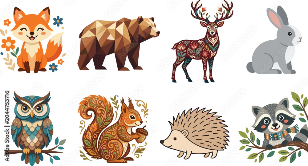 Fototapeta premium Creative collection of woodland animal illustrations including fox bear deer rabbit owl squirrel hedgehog and raccoon for nature design