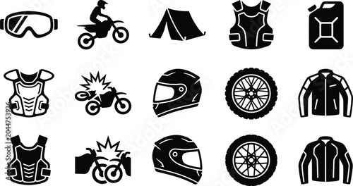Cuadro en lienzo Motorcycle adventure silhouette icons with dirt bike rider, safety gear, camping
