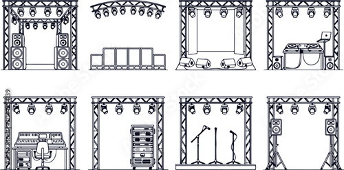 Φωτογραφία Complete stage setups with sound systems, dj decks, microphones, and lighting rigs