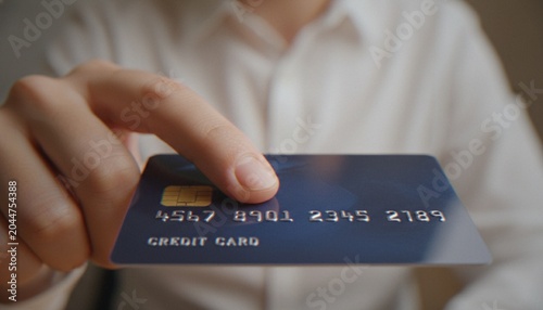 Картината върху платно A close-up shot of a person's finger holding a blue credit card, symbolizing financial transactions, secure online payments, and banking services