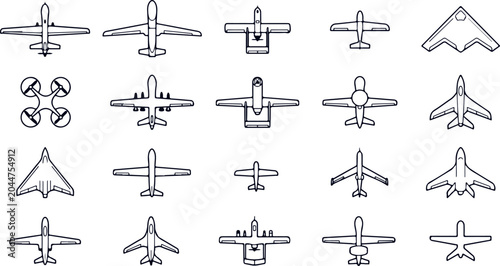 Bild auf Leinwand Collection of military airplanes and drones on transparent background, aviation icons and symbols