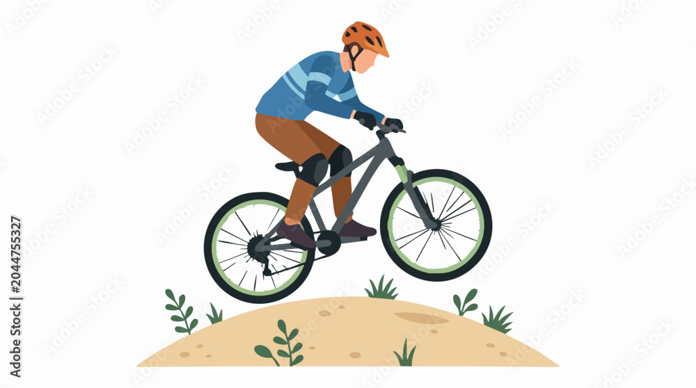 Fototapeta premium Mountain biker jumping over a dirt mound on an off-road trail