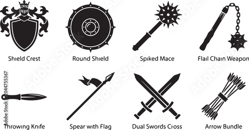 Foto Medieval Weapons Icons, Vector Shield Crest, Sword, Mace, Shield, Battle Tools