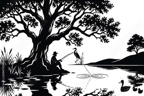 Foto Fisherman fishing under big tree silhouette vector illustration, peaceful lake l