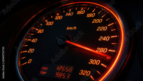 Glowing car speedometer dashboard gauge showing high speed at night with red light illumination inside a modern vehicle