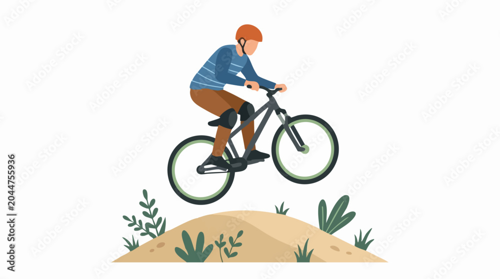 Fototapeta premium Mountain biker jumping over a dirt mound, flat vector illustration