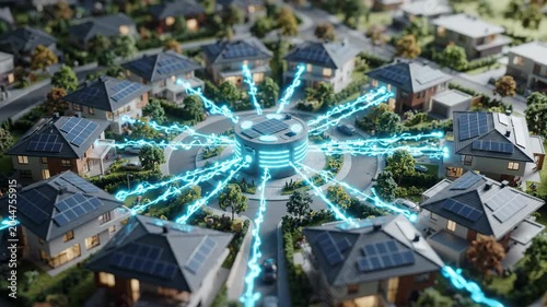 Hyper local sustainable solar energy powers houses in modern neighborhood with solar panels connected to central energy hub