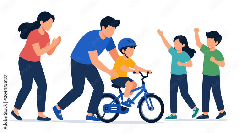 Obraz premium Child learning to ride bicycle with family support.