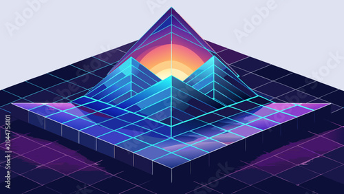 Retro isometric mountain landscape with glowing sun and mesh grid isometric landscape mountains futuristic abstract graphics perspective synthwave retrowave background illustration