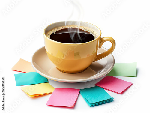 Minimalist composition of a steaming coffee cup on a saucer, surrounded by colorful sticky notes, symbolizing productivity, planning, and creative workflow