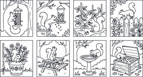Tableau sur toile Squirrels eating from bird feeders gathering tomatoes from plants and relaxing in garden scenes outdoor activities