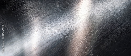 Close-up of brushed metal surface with diagonal light reflections. Industrial, modern texture ideal for backgrounds, product mockups, UI design, or digital rendering. High contrast and detail.