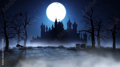 Spooky castle at night, silhouetted against a full moon