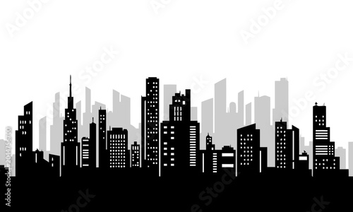 City Skyline Silhouette with Gray Background, Modern Urban Concept