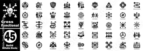 Cross-functional solid editable stocks. Collection with icons, symbols, and graphics for team collaboration, integration, and project management in diverse roles.