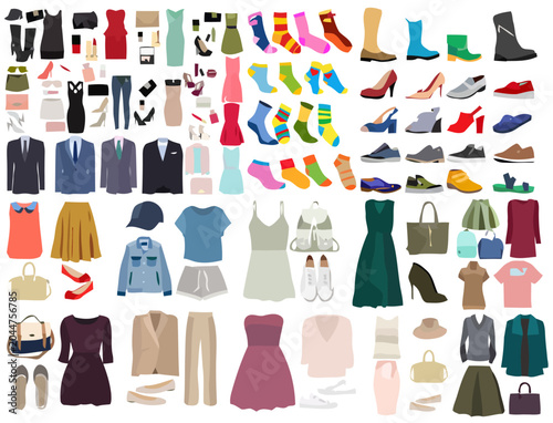 Clothing and accessories collage with dresses, shoes, purses