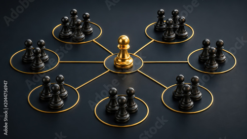 One gold chess piece leading many black chess pieces connected by glowing lines on a dark background