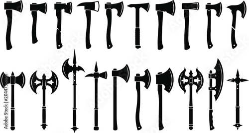 Bild auf Leinwand Black axe silhouettes, medieval hatchets, battle axes, tactical tomahawks, wood cutting tools, ancient weapons, equipment icons, lumberjack gear, viking blade