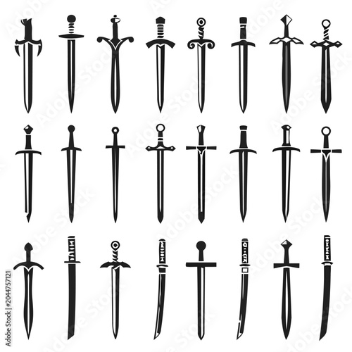 Collection of Medieval Swords, Line Art Illustration, Historical Theme