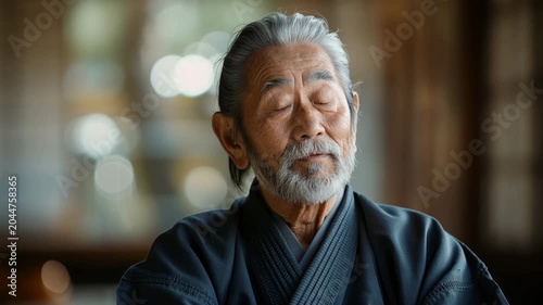 Elderly man sits in a traditional Japanese room and smiles warmly during a sunny afternoon in Japan