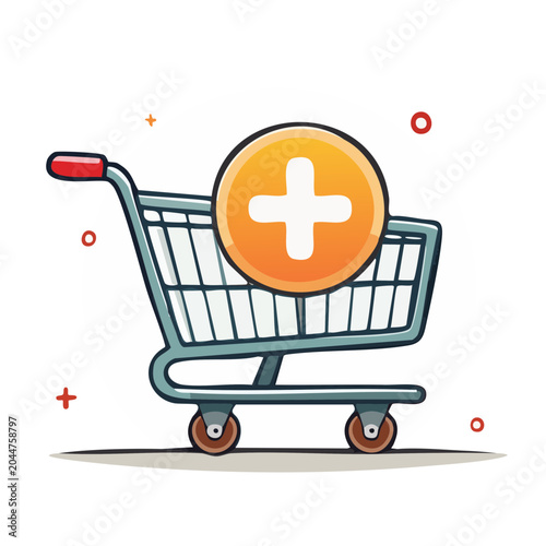 Cartoon shopping cart with a plus sign icon