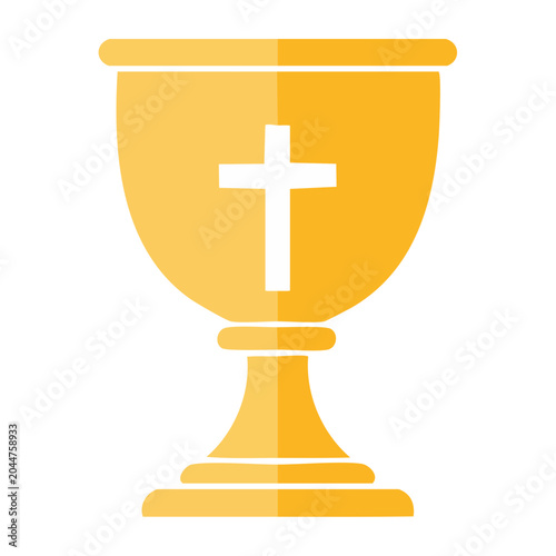 Golden chalice with Christian cross on white background