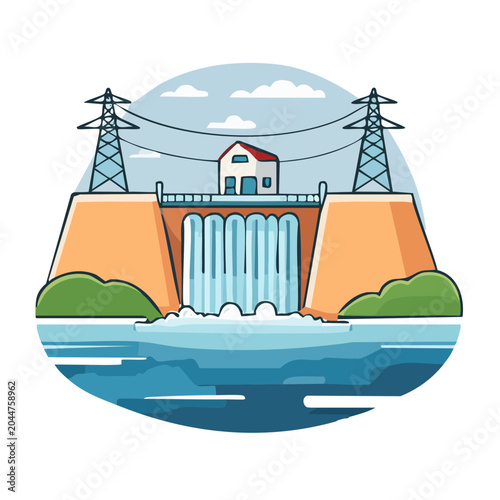 Hydroelectric dam with power lines and waterfall