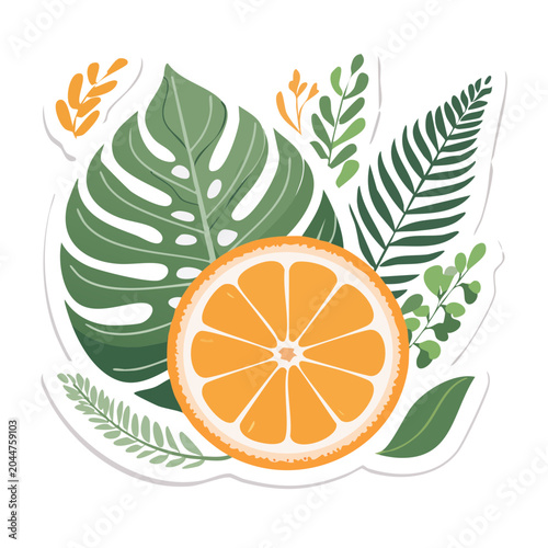 Orange slice with tropical leaves, flat design