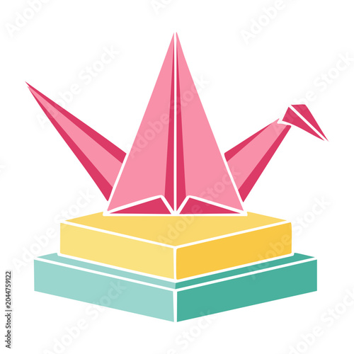 Pink origami crane on layered pedestal, flat design icon