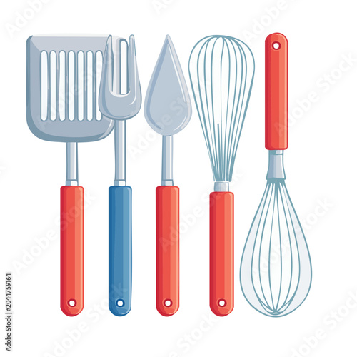 Set of kitchen utensils with red and blue handles
