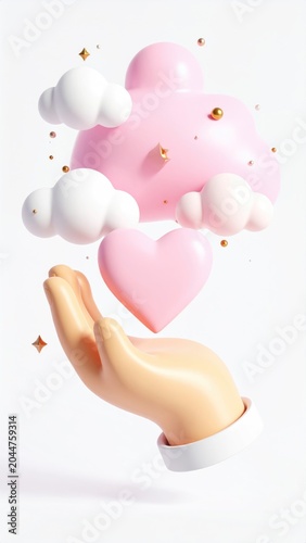 Gentle hand cradles floating heart, pink clouds, and golden stars