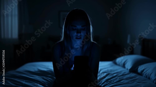 Woman in Bed at Night Distressed by Dating App No Matches Rejection