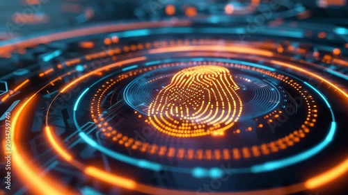 Digital fingerprint authentication technology shows modern design with bright colors and futuristic patterns in a tech environment