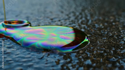 Drop of Thick Iridescent Liquid Falling Onto Wet Surface with Colorful Rainbow Sheen and Macro Water Splash