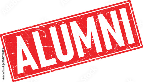 Grungy red rubber stamp impression with the word alumni in bold white letters isolated on a clean background