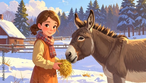 Young Girl Feeding Gentle Donkey in Snowy Rural Farmyard