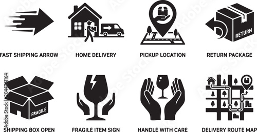 Logistics icons, delivery symbols, shipping labels, transportation signs, 8 icon set