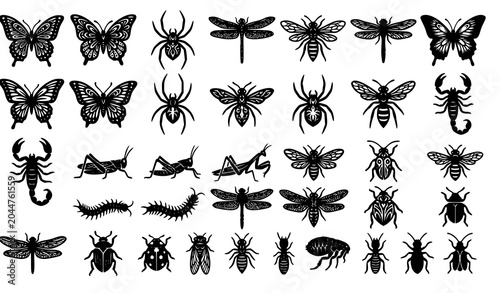 Cuadro en lienzo Bold Black Insect Silhouettes Collection with Gothic Tribal Bug Vector Designs