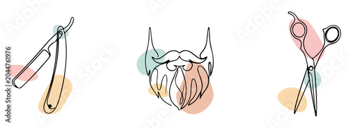 Fotografija Minimalist line art illustration featuring a vintage straight razor a full beard