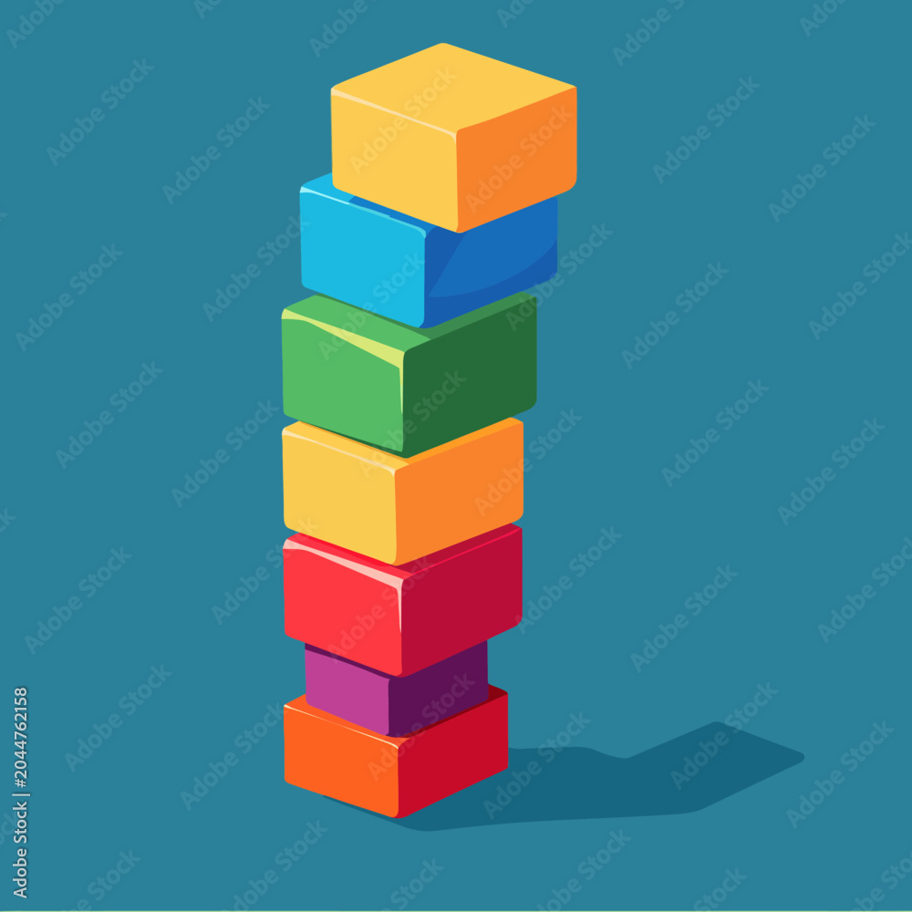 Fototapeta premium Colorful stacked blocks with shadow on a teal background