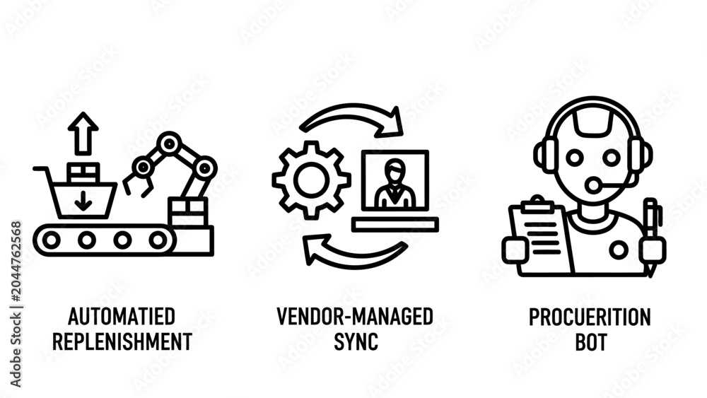 Obraz premium Industrial automation and supply chain management icons for procurement and vendor synchronization with automation procurement logistics robotics management synchronization industry inventory
