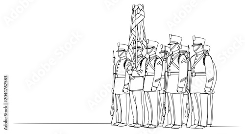 Photography Military Color Guard Marching with Flag in Line Drawing Style